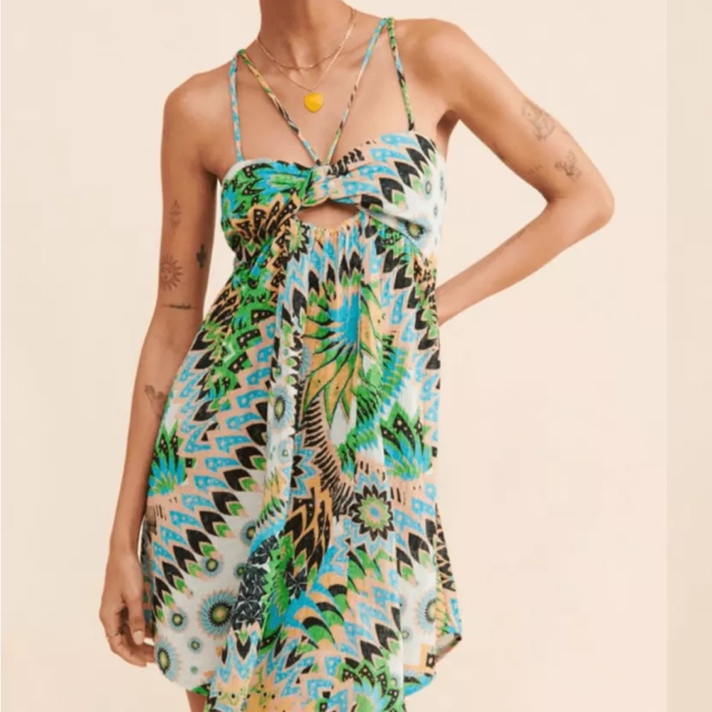 Anthropologie Green and Blue Patterned Mini Dress